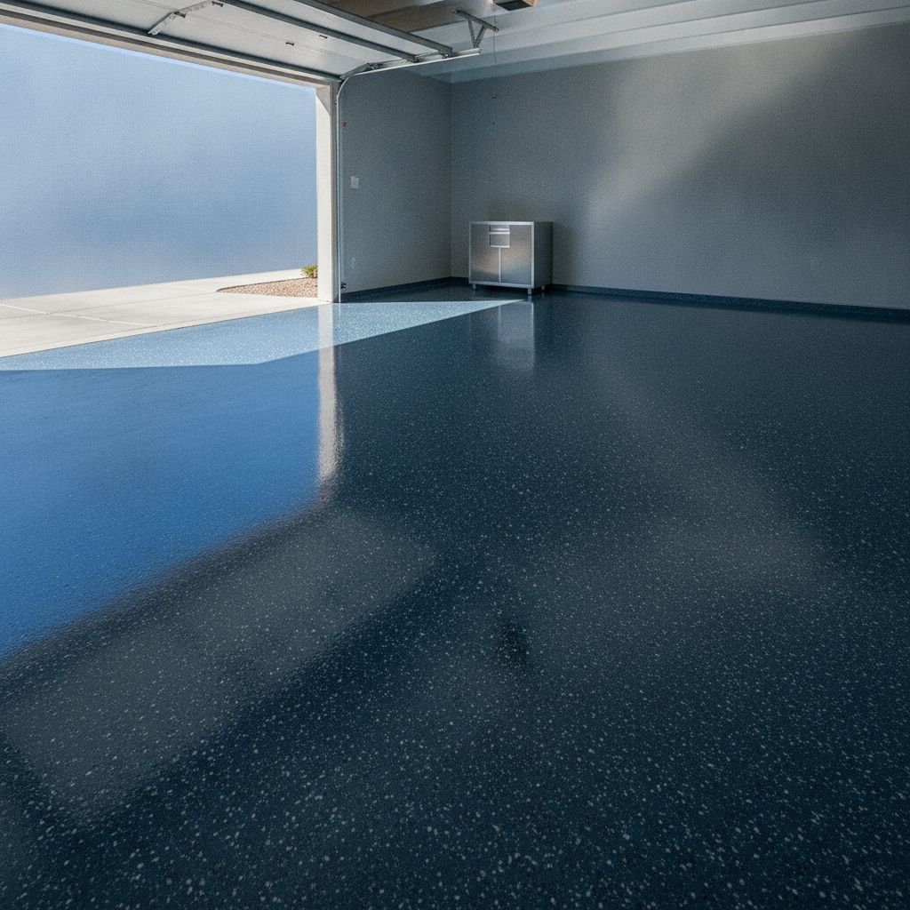 Glossy polyurea-coated garage floor with decorative flake finish
